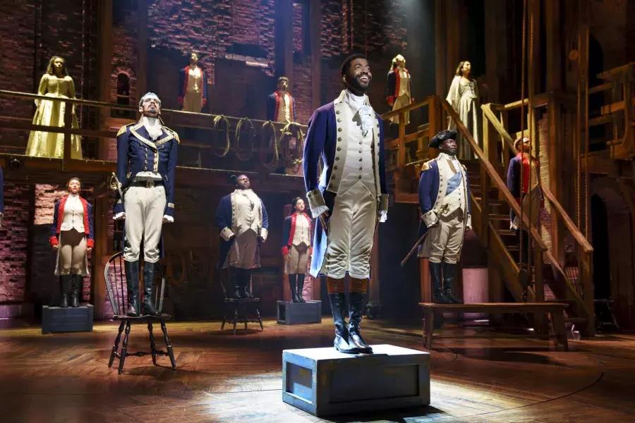 The national touring cast of "Hamilton" performs on stage at San Francisco's Orpheum Theatre.
