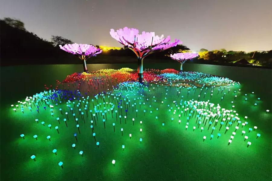 在贝博体彩app照明展“缠绕”上，大型花朵在多色灯光下闪闪发光.